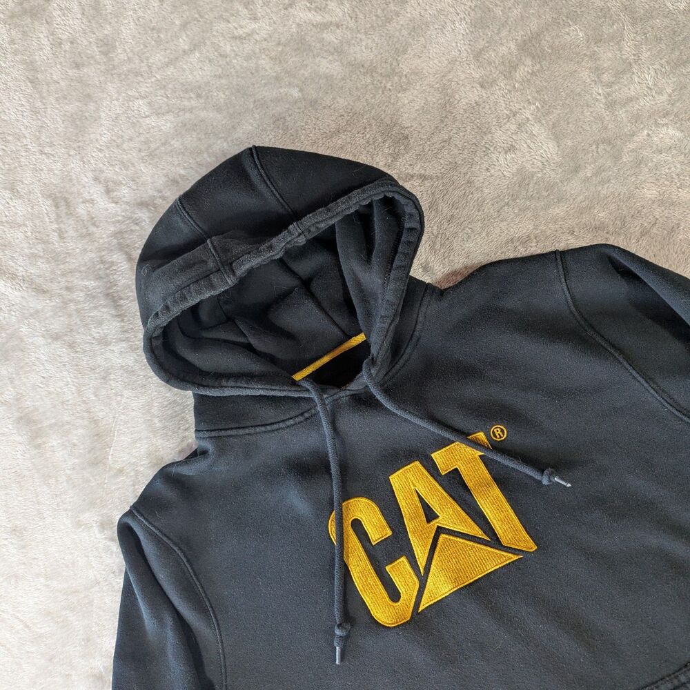 Caterpillar CAT Logo Hoodie Mens Large Black Yellow Embroidered Pullover Fleece